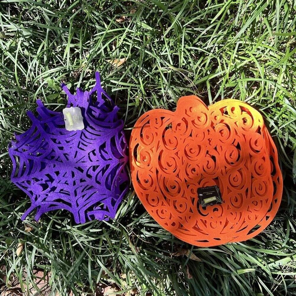 Pier 1 Halloween Spider Web Purple Table Runner & Orange Pumpkin Placemats New